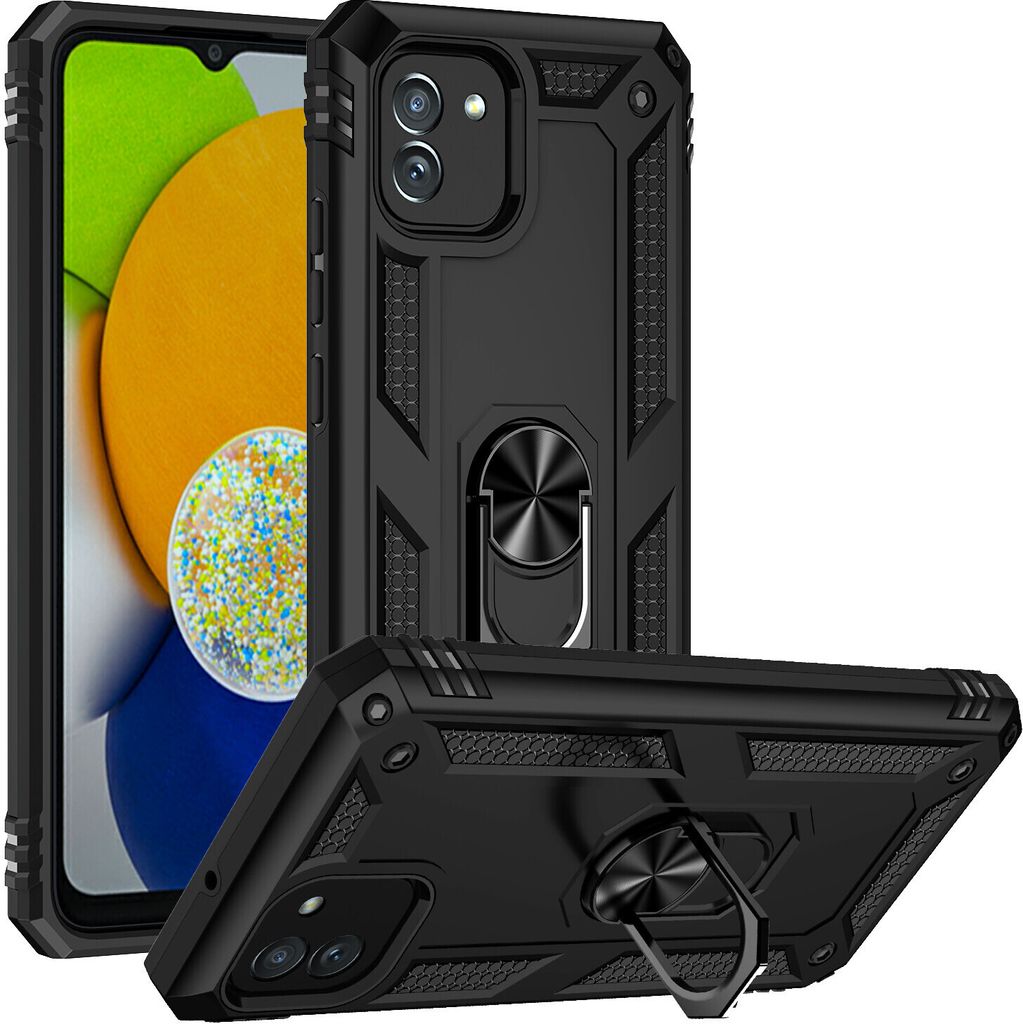 Galaxy A03 Hülle, Dual Layer Robust Militäre Schutzhülle mit Ringhalterung Ständer für Samsung Galaxy A03 Schwarz