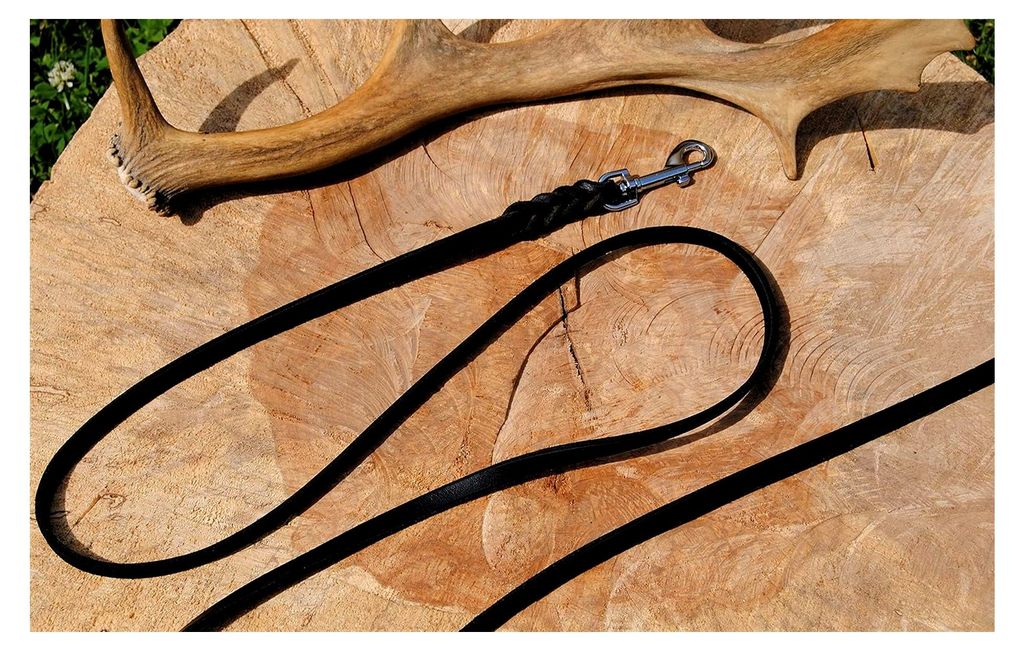 Lederleine geflochten schwarz 10mm x 5m ohne Schlaufe Silber Karabiner Schleppleine Fährtenleine