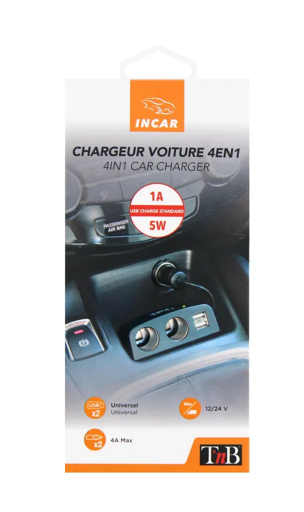 Fiche multiple USB allume-cigare noire robuste avec indicateur tension