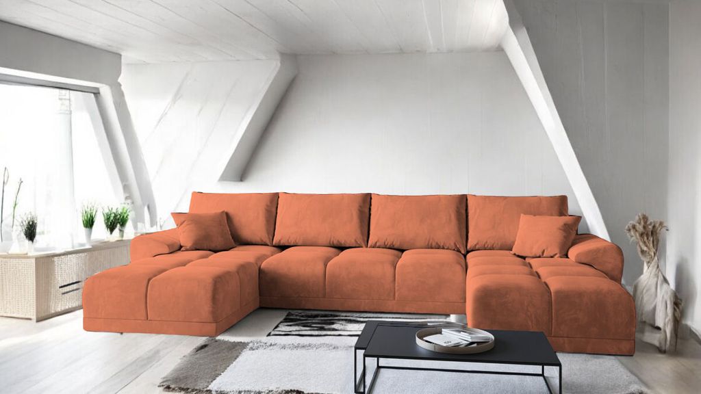 Modernes Ecksofa SYDNEY U Wohnlandschaft U-Form Farbe Monolith 61 Orange Breite 385 cm Ecke mit Schlaffunktion 292x 128 cm und und Bettkasten