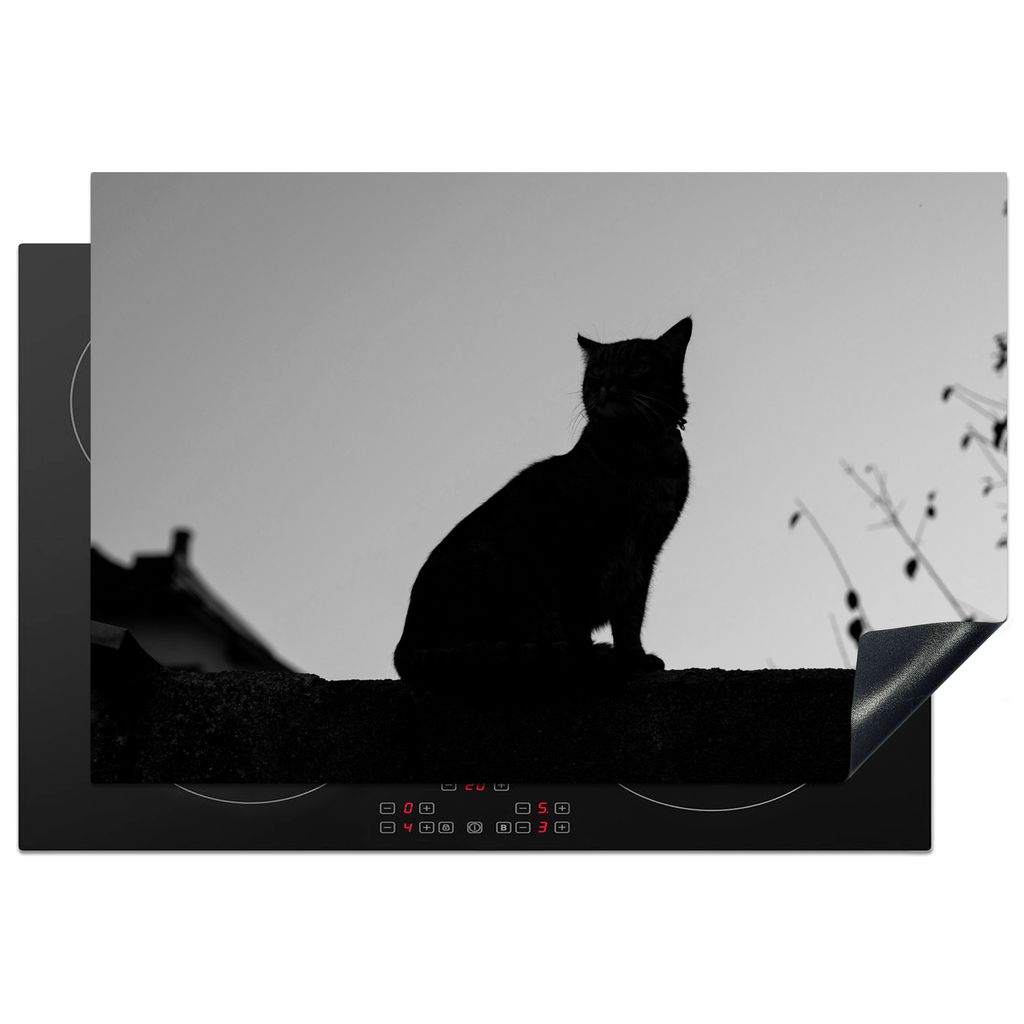 KitchenYeah Herdabdeckplatte Silhouette einer Katze - schwarz und weiß , 78x52cm, Küche Deko, Glaskeramikkochfeld Herdabdeckung, Abdeckplatte f...