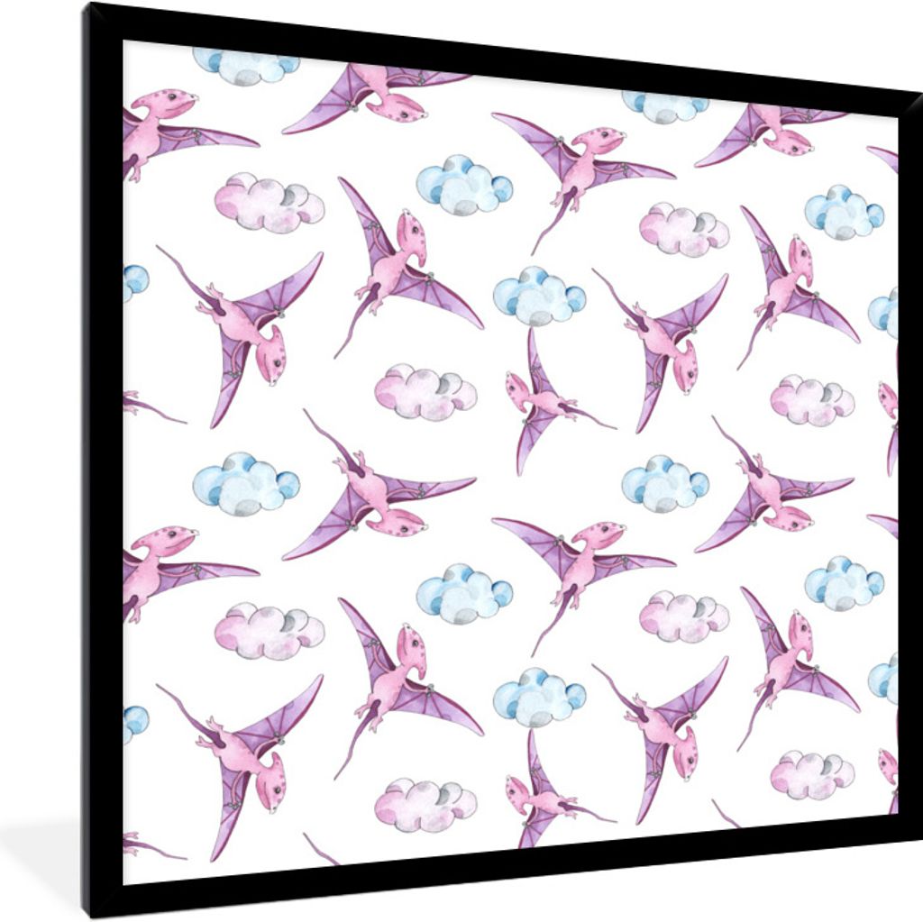 MuchoWow Gerahmtes Poster Dinosaurier - Kinderzimmer - Lila - Mädchen - Kinder - Rosa - Kinder 40x40 cm - Poster mit Schwarzem Bilderrahmen Wand...