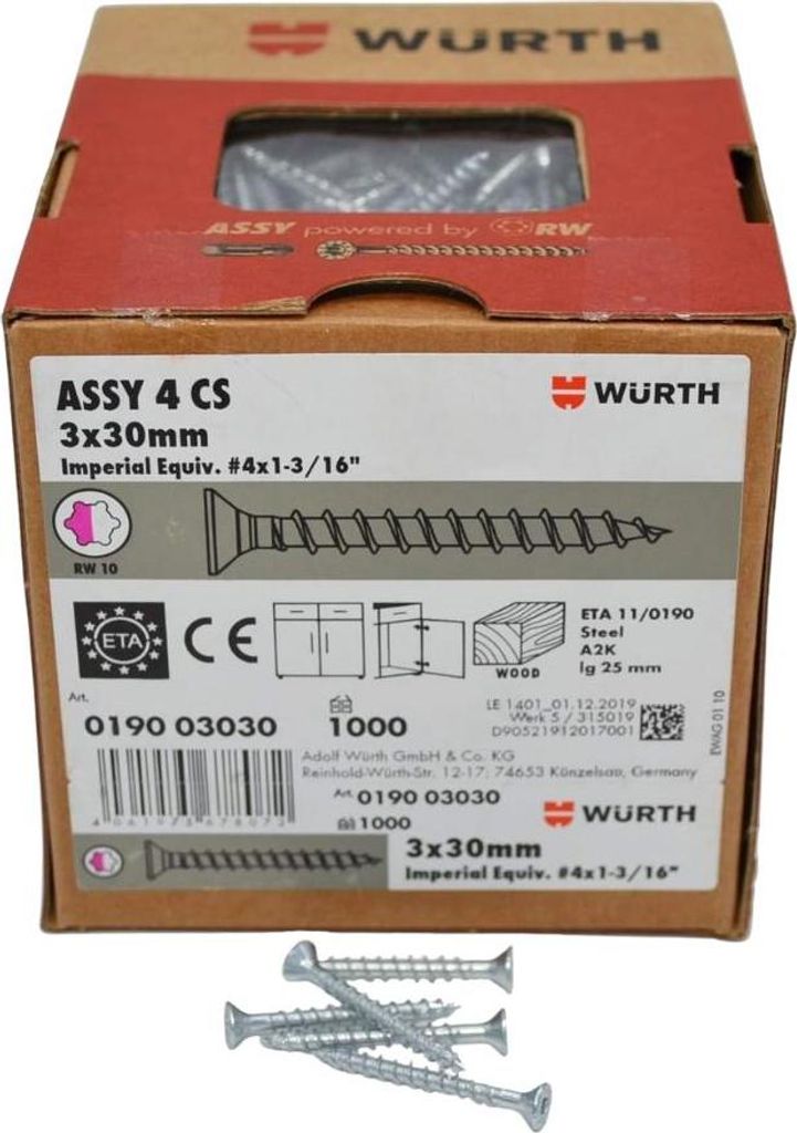 Würth Assy 4 CS Spanplattenschraube 3x30mm, 1000 St/Pack, Produktbild 