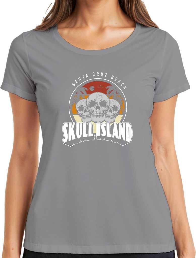 Totenkopf Skull Island Santa Cruz Strand Palmen Retro Vintage Damen T-Shirt, Grau, L