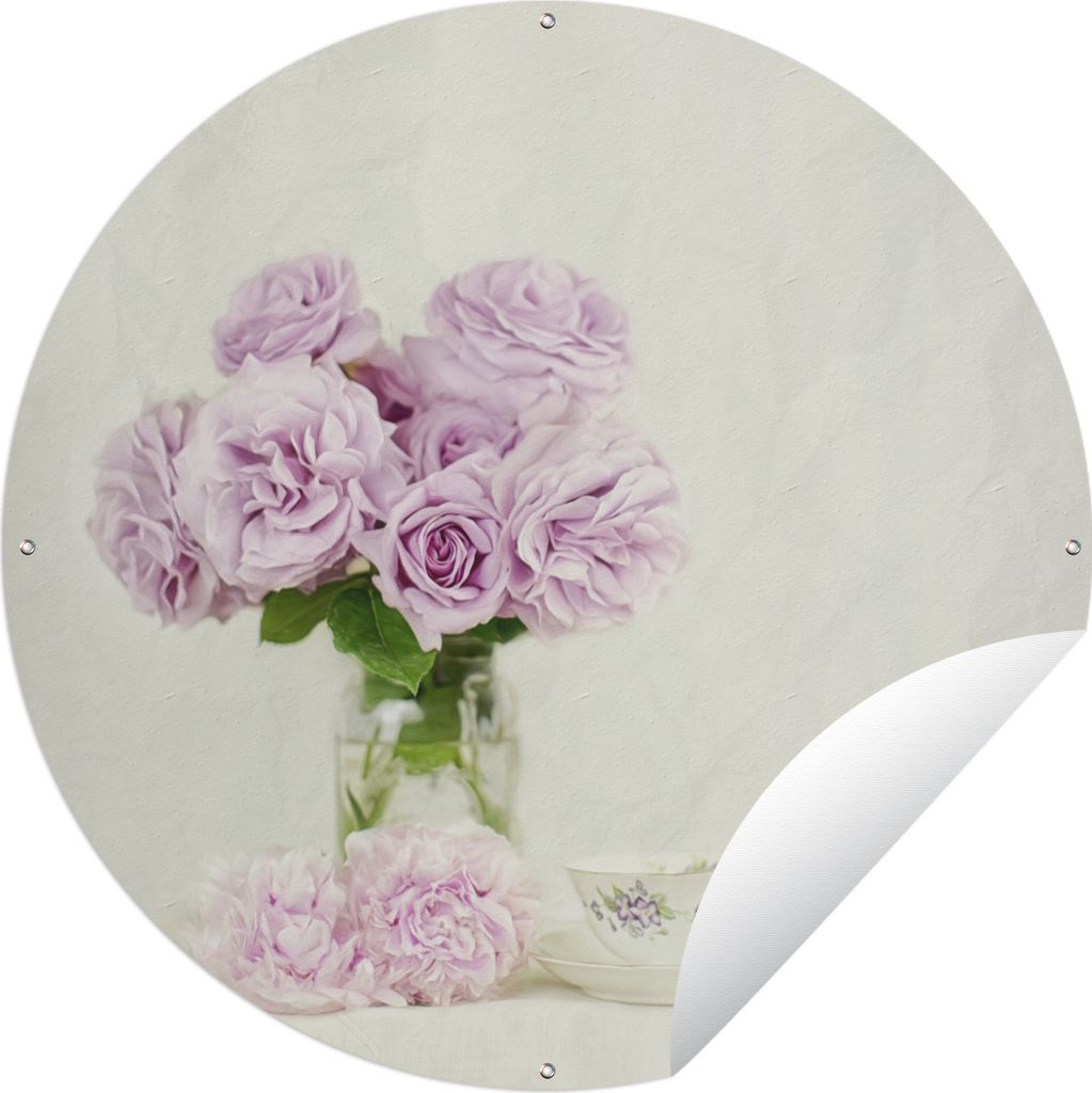 MuchoWow Gartenposter Outdoor-Poster Rund Blumenstrauß aus rosa Pfingstrosen an einer Teetasse Ø 90 cm Gartendeko Rundes Poster draußen