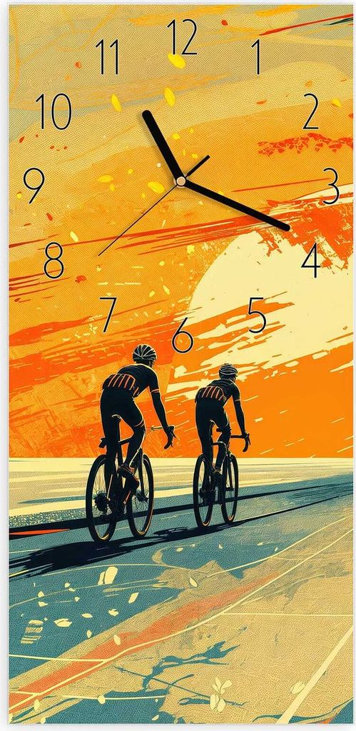 Wanduhr aus Glas mit Motiv Radfahrer Sonnenuntergang- 30 x 60 cm - inkl. Aufhängesystem