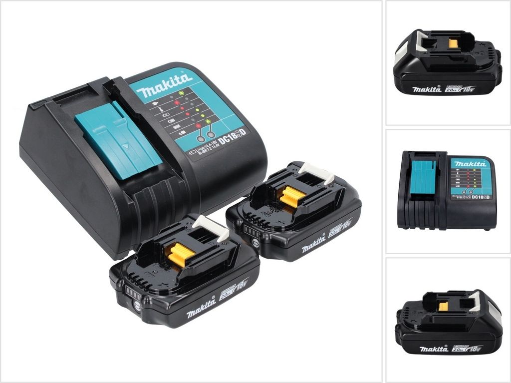 A Makita power tool battery charger and two batteries are displayed on a white background.