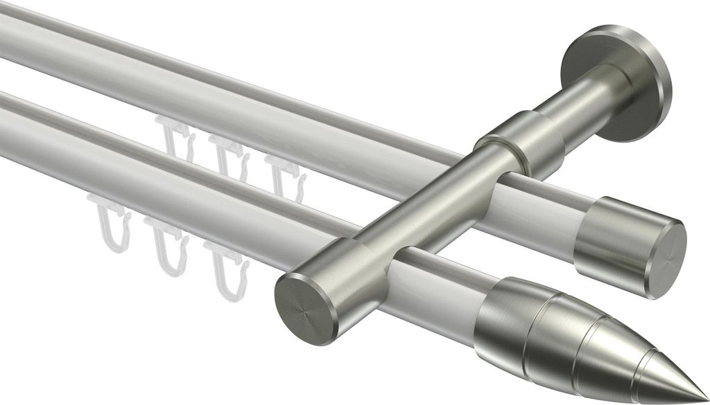Interdeco Innenlaufstange / Gardinenstange mit Innenlauf Weiß / Edelstahl-Optik, Typ Prestige Samanto (Rillenpatrone), 20 mm Ø 2-läufig, 320 cm