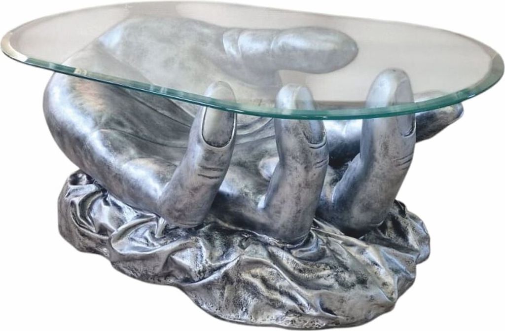 Casa Padrino Designer Couchtisch Hand mit Glasplatte Antik Silber 80 cm