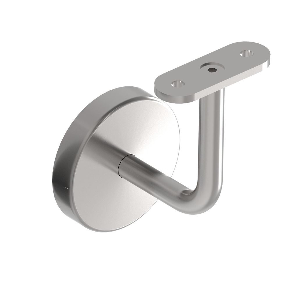 A stainless steel handrail bracket with a round wall plate and a flat mounting plate.