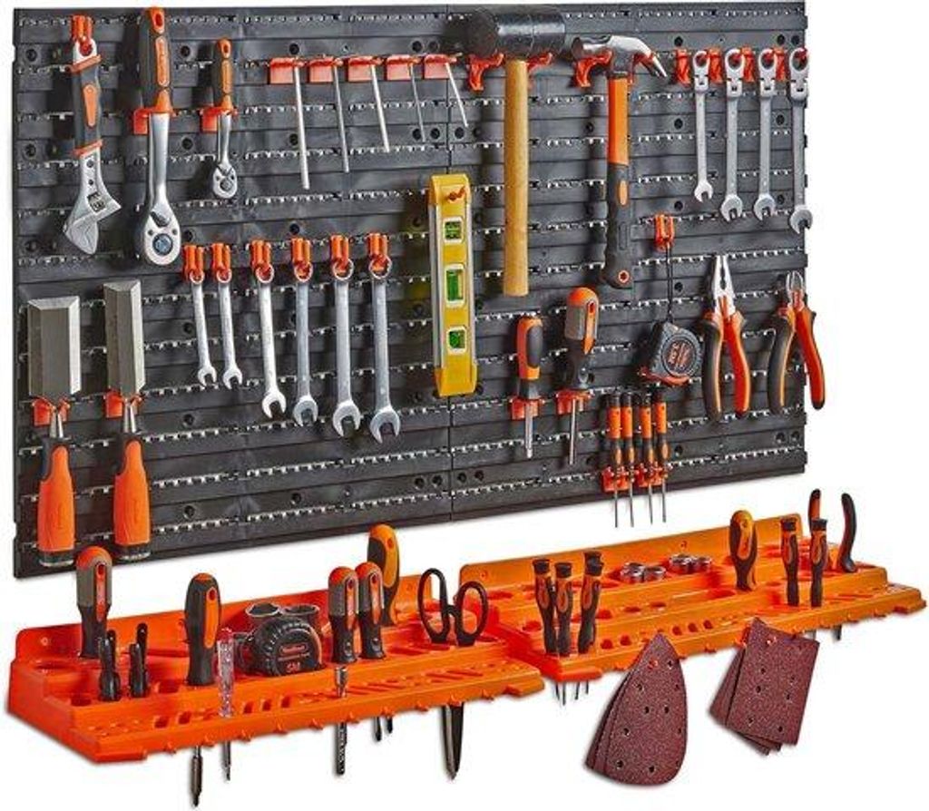 Garage Werkzeugbox mit Holzplank und Pegboard für mehrere Werkzeuge, Gartenwerkzeugregal für einfachen Zugriff auf 50+ Werkzeuge und Zubehör, We...