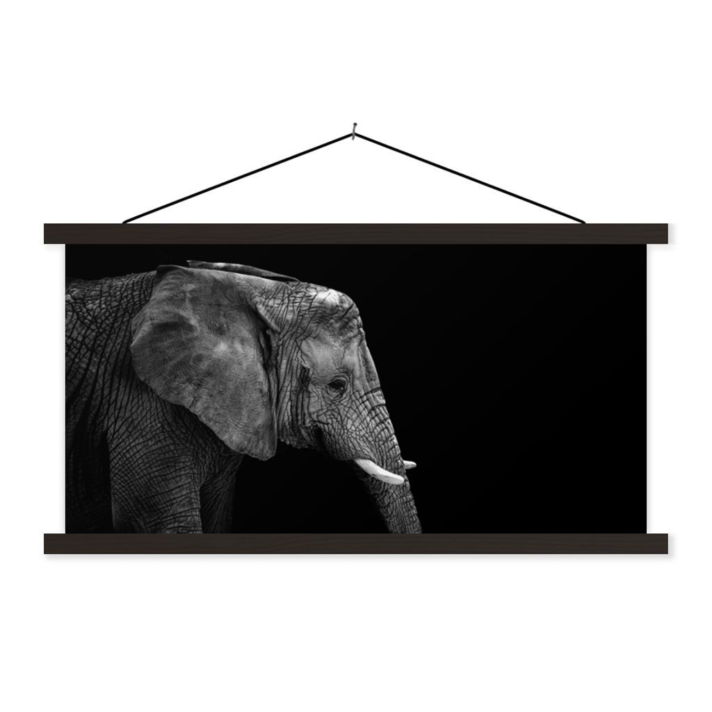MuchoWow Textilposter Elefant - Schwarz und weiß - Porträt - Tiere 120x60 cm mit schwarzem Rahmen - Dekoration Schlafzimmer