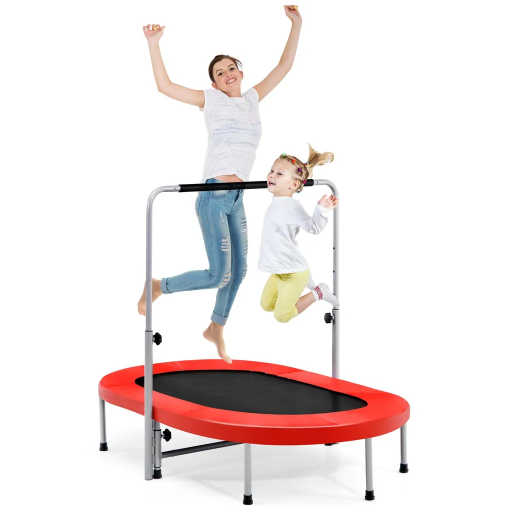 Trampoline gain de place pliable 150kg avec barre pour sauter sans peur