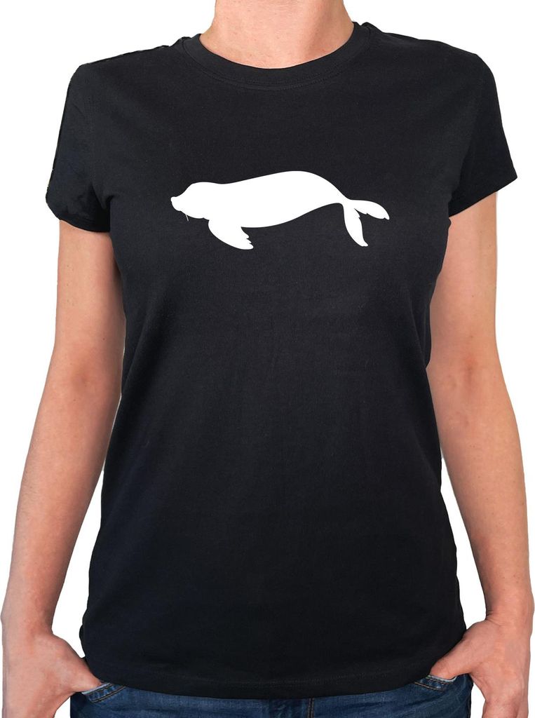 Huuraa Damen T-Shirt Robbe Silhouette L Black Bio Baumwolle Fairtrade Damenshirt Geschenkidee