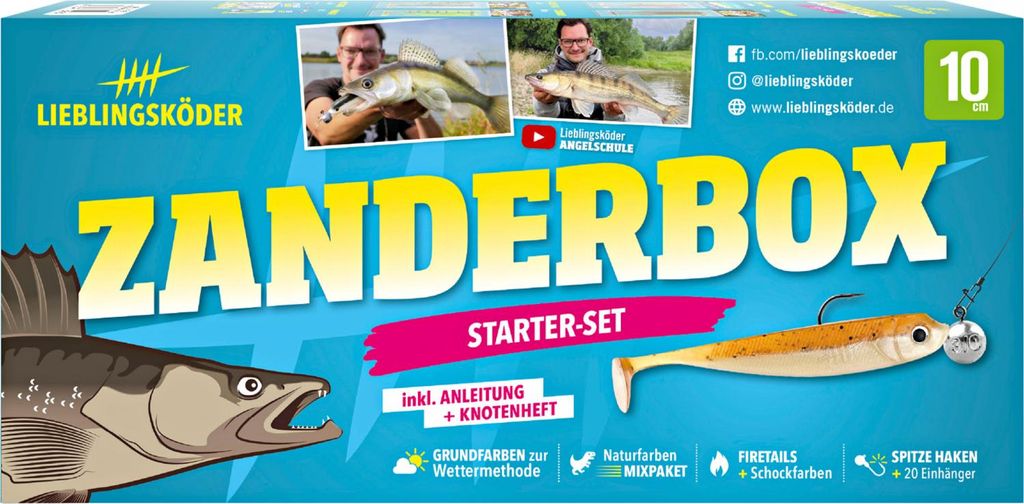 The image shows a product box for fishing lures, featuring images of fish, fishing lures, and people holding fish.