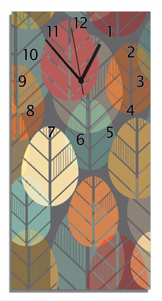 Wallario Design Wanduhr Bunte Blätter in Herbstlaune aus Echtglas, Größe 30 x 60 cm
