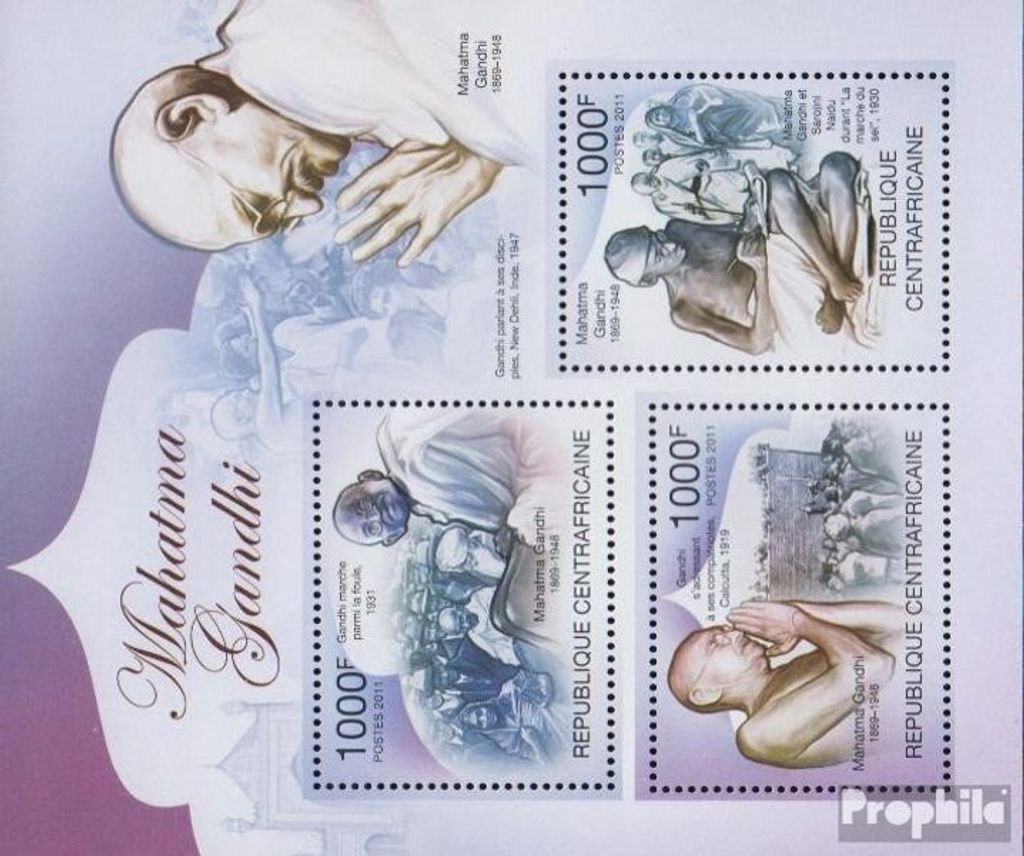 Briefmarken Zentralafrikanische Republik 2011 Mi 3148-3150 Kleinbogen (kompl.Ausg.) postfrisch Mahatma Gandhi