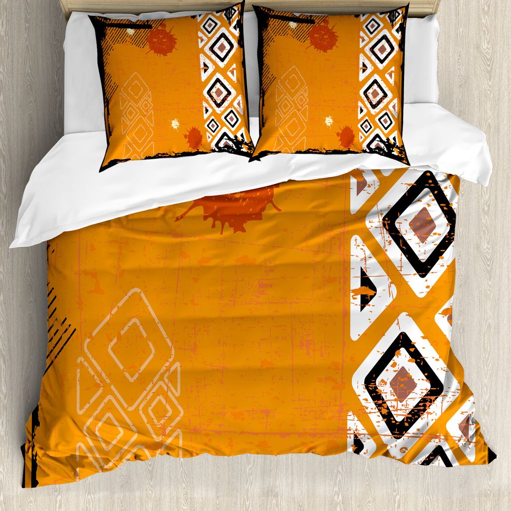 ABAKUHAUS Stammes Bettbezug, Design, Milbensicher Allergiker geeignet mit Kissenbezügen, 155 cm x 220 cm - 80 x 80 cm, Schwarz Orange und Weiß