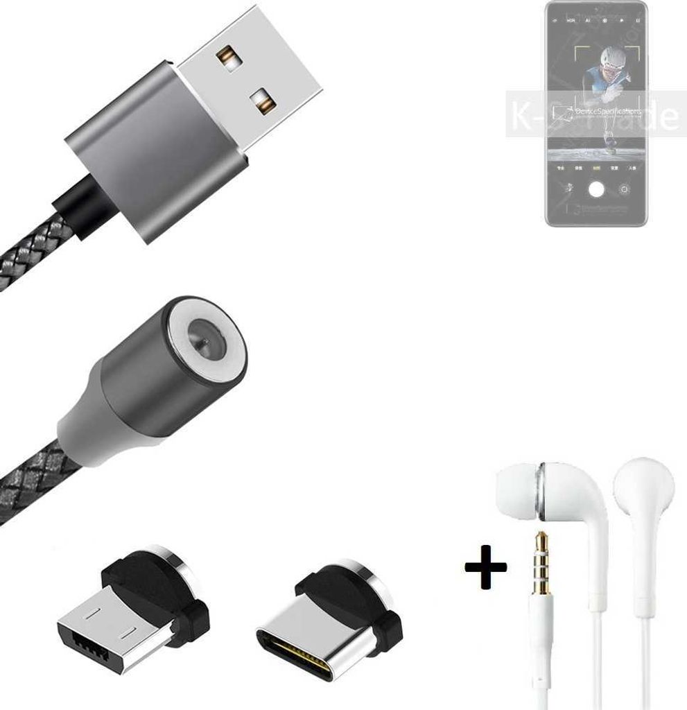 K-S-Trade Hochwertiges Magnet-Lade-kabel Sync-Kabel Daten-Kabel + Kopfhörer kompatibel mit Xiaomi 12 Pro Dimensity mit USB-Typ-C-Anschluss und