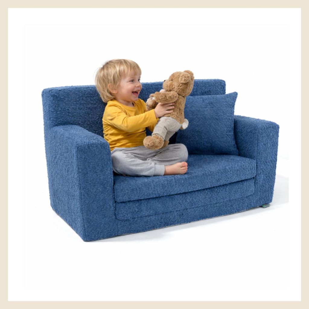 Kindersofa aus Schaumstoff in Blau ausklappbar und bequem, stilvolles Polstersofa für Kinderzimmer zum Sitzen, Lesen und Entspannen