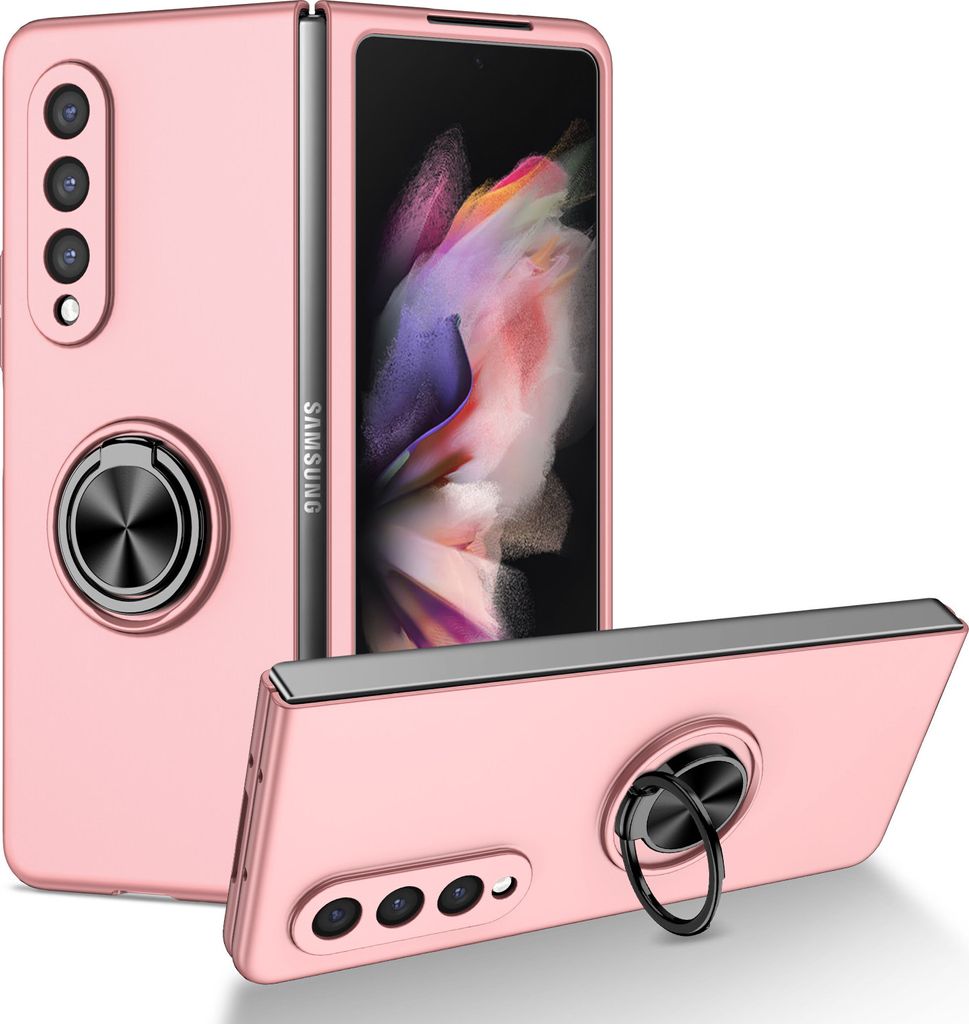 Samsung Z Fold3 Hülle, Dünn Hart PC Schutzhülle mit Ringhalter Ständer für Samsung Galaxy Z Fold 3 5G Pink