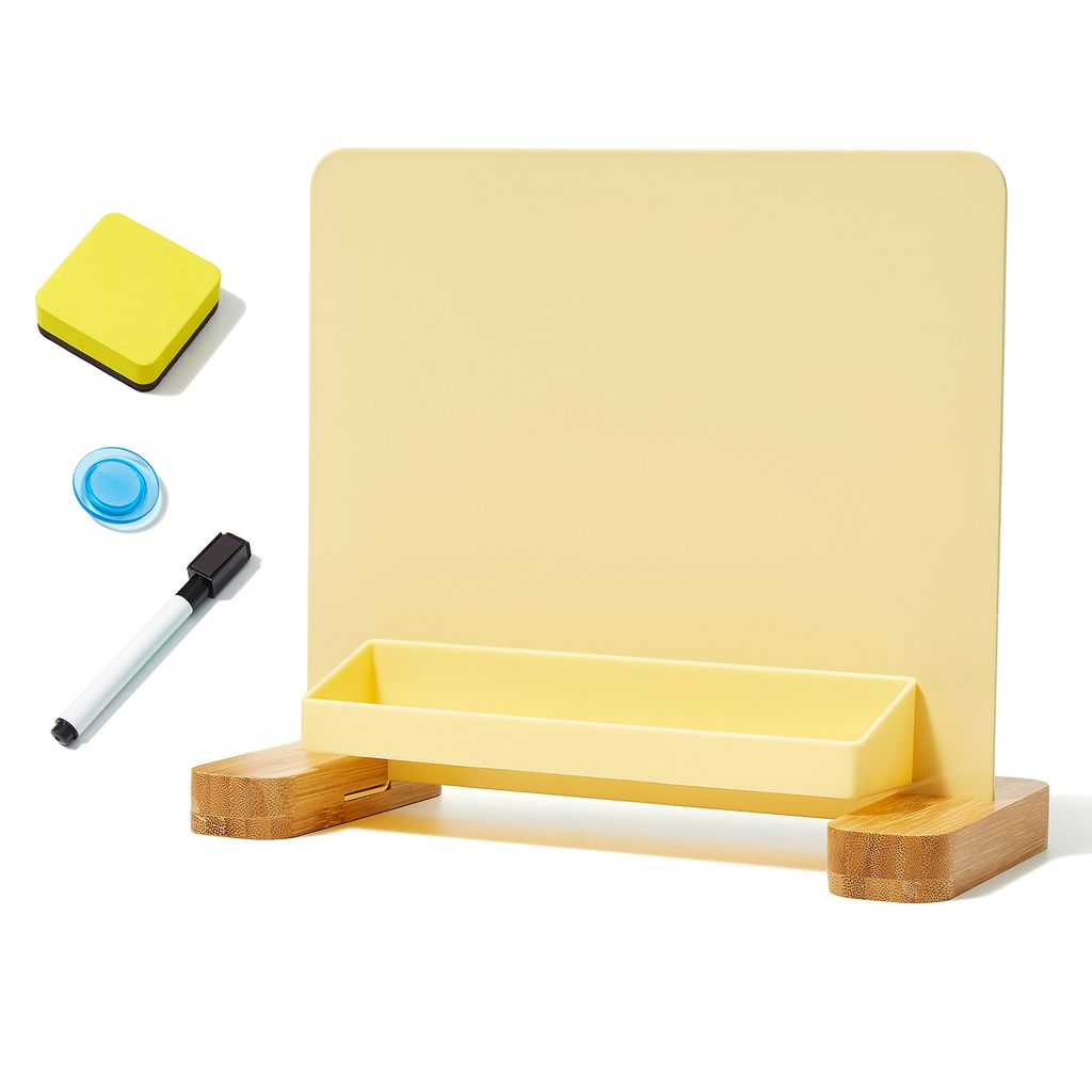 Vielseitiges magnetisches Whiteboard fuer den Schreibtisch mit Bambussockel. Aufstellbare, trocken abwischbare Schreibtafel. Design mit Aufbewahrun...