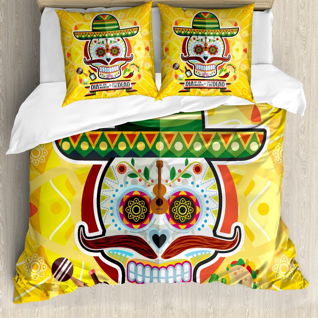 ABAKUHAUS Tag der Toten Bettbezug Set, Mexikanischer Zuckerschädel mit Tacos und Chili Pepper 2. November bunte Kunstdruck, 155 x 220 cm + 80 x 80...
