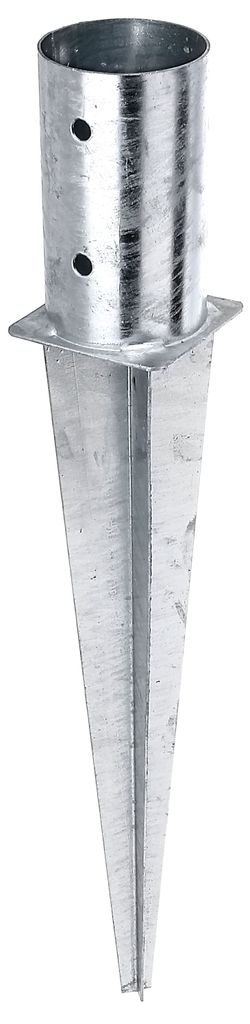 A galvanized metal ground sleeve with a pointed base and a cylindrical top with two holes.