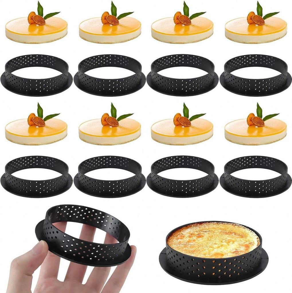 8 Stück Mousse Tartelette Förmchen Dessertringe 8cm Antihaft Tortlettförmchen Ohne Geruch perforierter Ring Tortenring Set Tortenring Runde Back...