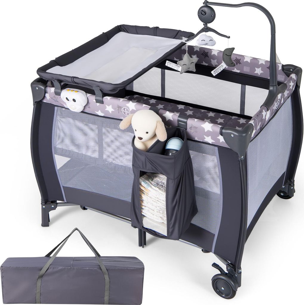 COSTWAY 3 in 1 Beistellbett, Reisebett mit Rollen, Matratze, Hängespielzeug, Spieluhr, Wickeltisch & Tragetasche, Babybett für Baby bis 36 Monaten