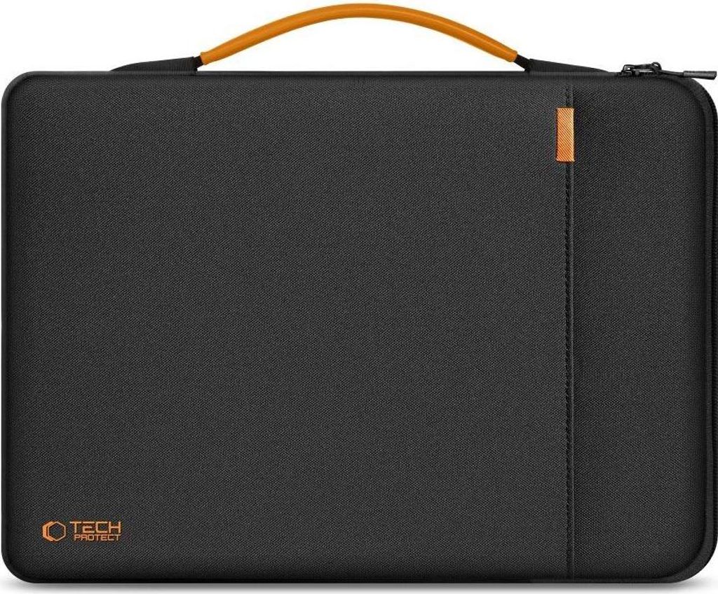 A black laptop sleeve with an orange handle and accent.