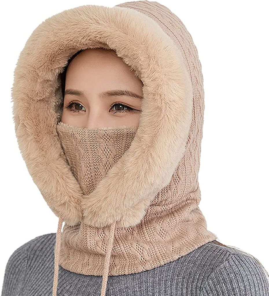 2 in 1 Wintermützen Strickmütze Warme Mütze Schal Anzug Mütze Winter Strickmütze mit Fleecefutter Damen Winddichte Mütze Kalte Skimütze