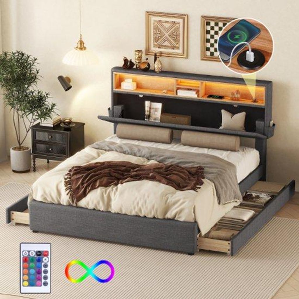 Doppelbett, bequemes Bett, Aufbewahrungsraum, Kopfkissen, Bett mit USB-Ladebuchse und LED-Beleuchtung, praktisches Bett mit vier Schubladen, verste...