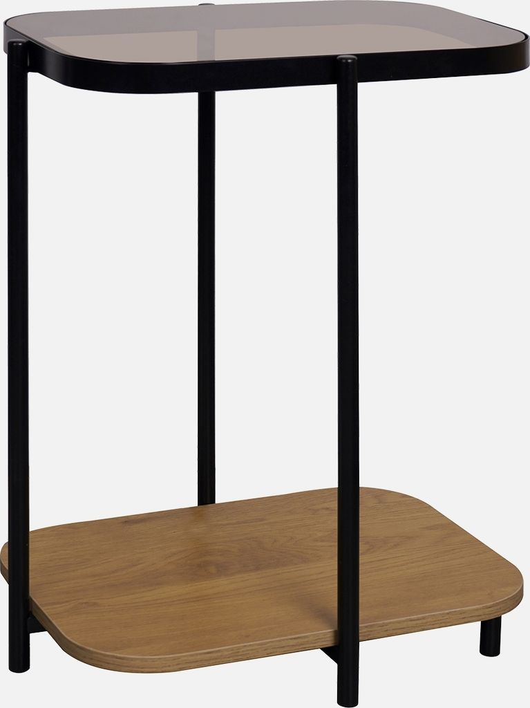 sweeek - Vintage-Sofa-Endstück aus schwarzem Metall mit Glasplatten und Holzdekor - Natur