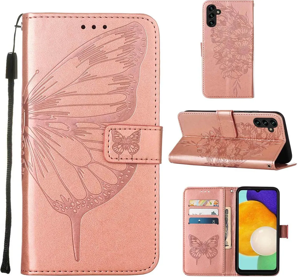 Custodia Samsung A13 5G Oro Rosa: Pelle a Portafoglio con Farfalle
