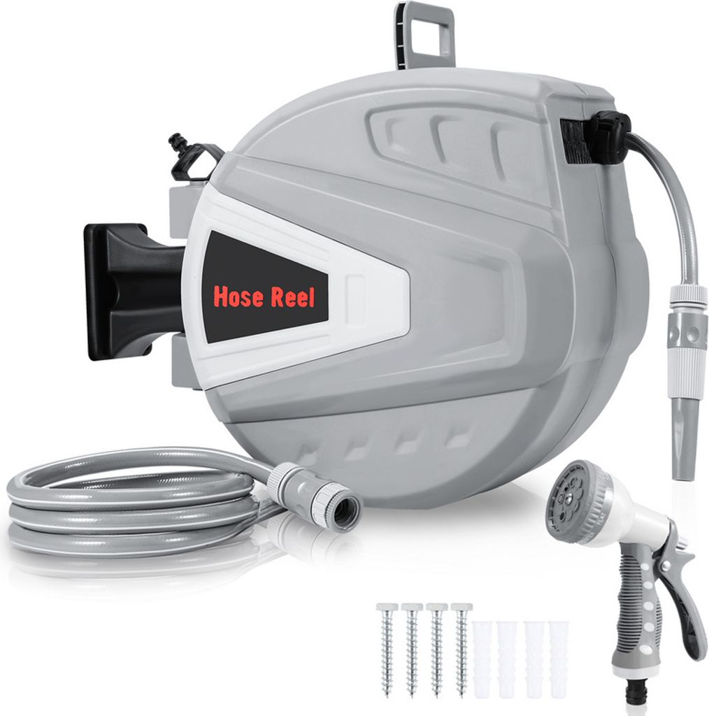 Aopunly Schlauchtrommel Schlauchaufroller 20M 180°Schwenkbar Premium Automatik Wand-Schlauchbox mit Wasserpistole, Inkl. Wandhalterung, Grau