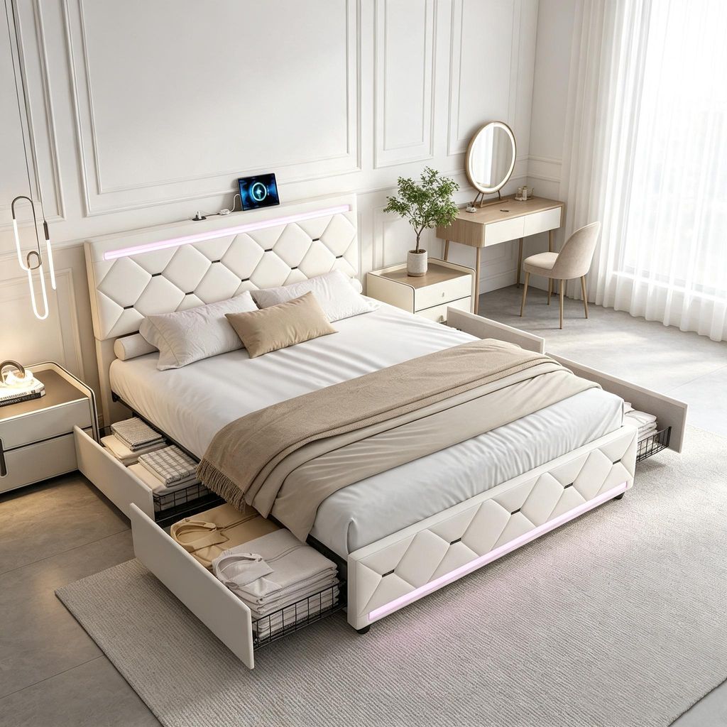 Letto imbottito INONEFT, 160x200 cm, con USB e LED, letto Immagine del prodotto 