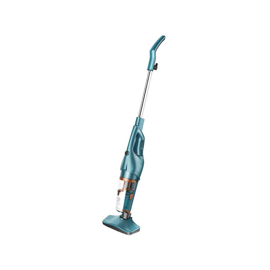 A teal and silver cordless stick vacuum cleaner is shown against a white background.