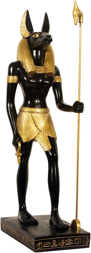 A statue of the Egyptian god Anubis standing on a base.