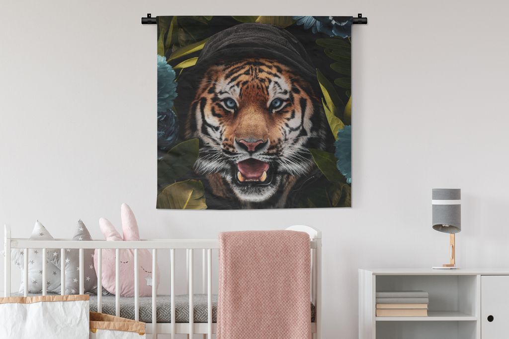 MuchoWow Wandteppich Wandbehang Tiger - Blumen - Kleidung 90x90 cm Tapisserie Dekoration Wandtuch - Wandaufhänger