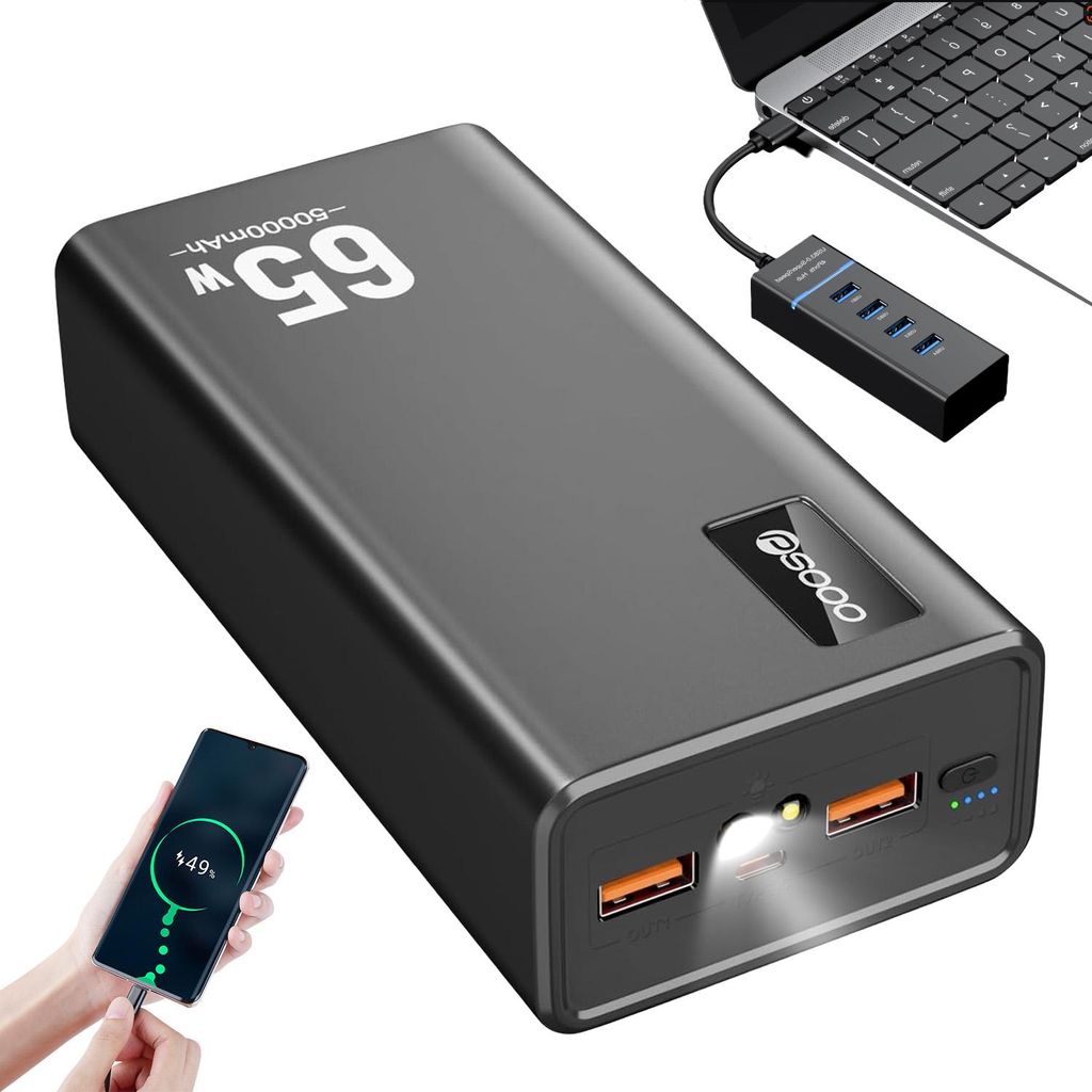 Juksun Schnelllade Powerbank 50000mAh 65W USB-C 3 Ausgänge Produktbild 