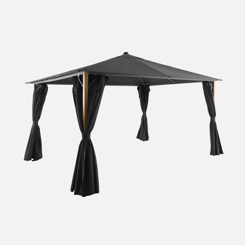 sweeek - Pavillon 4x3m Aluminium Holzoptik mit Vorhängen und LED - Anthrazit