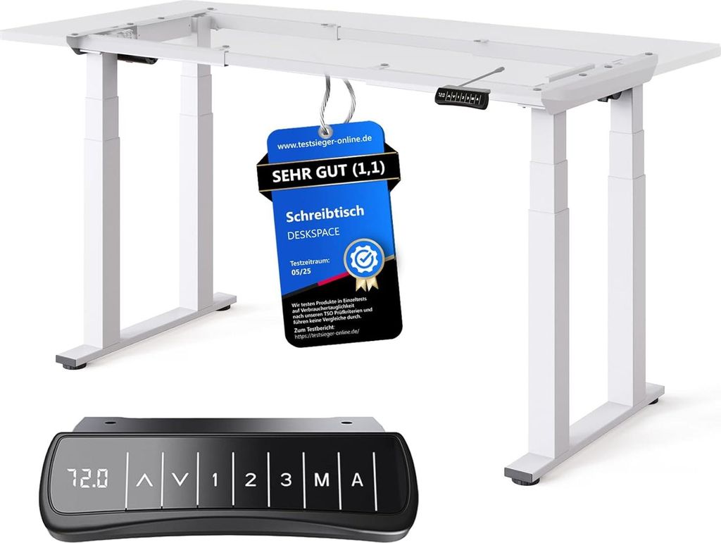 DESKSPACE Höhenverstellbarer Schreibtisch elektrisch mit leisem Dual-Motor – stabiles 4-Bein-Gestell (Weiß Gestell)
