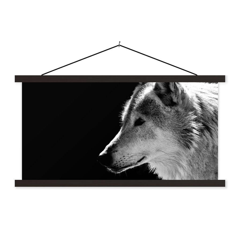 MuchoWow Textilposter Wildlife - Wolf - Schwarz - Weiß 90x45 cm mit schwarzem Rahmen - Klemmleisten