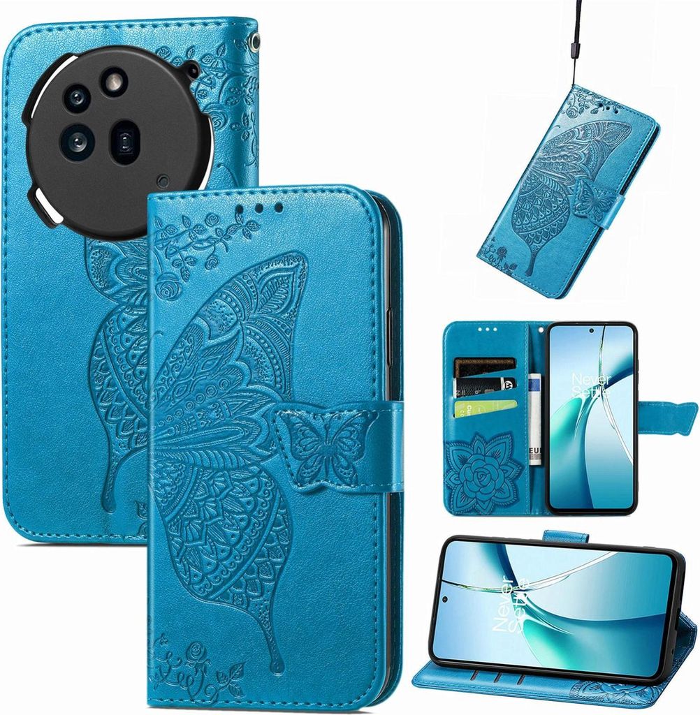 Für Nothing Phone 3a Pro Kunstleder Wallet Handy Tasche Schmetterling Design Hülle Etuis Blau