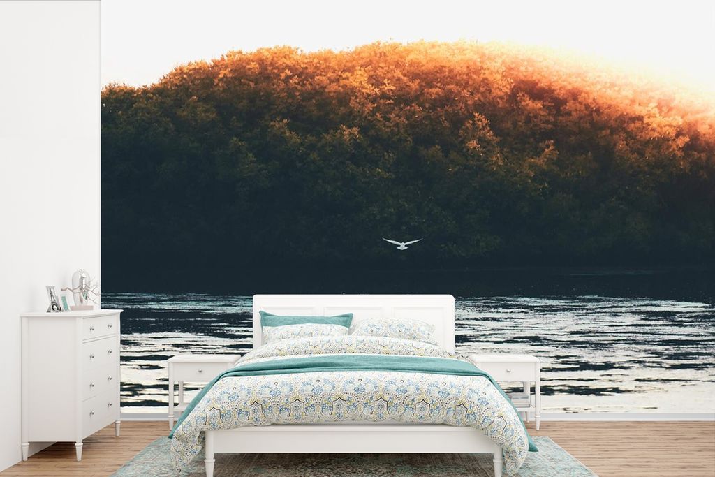 MuchoWow Fototapete für Wohnzimmer oder Schlafzimmer Wandtapete Vinyl Motivtapete Vogel - Baum - Wasser - 450x300 cm - Gemusterte