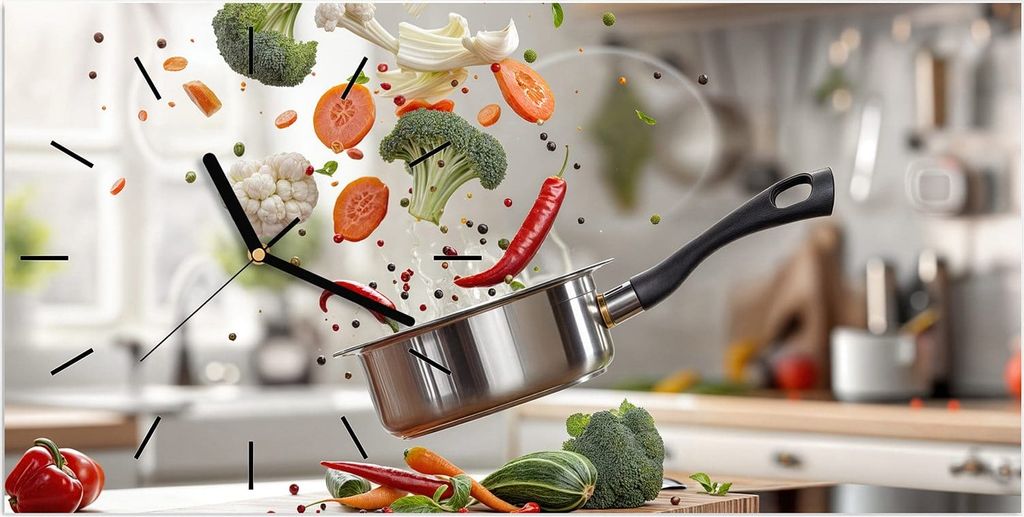 Wanduhr aus Glas mit Motiv Kochen Mit Gemüse- 60 x 30 cm - inkl. Aufhängesystem