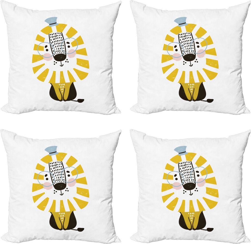 ABAKUHAUS Löwe Kissenbezug Set (4 Stück), Cartoon-Dschungel-Tier, Moderner Doppelseitiger Digitaldruck, 45 cm x 45 cm, Blassblau Gelb Schwarz