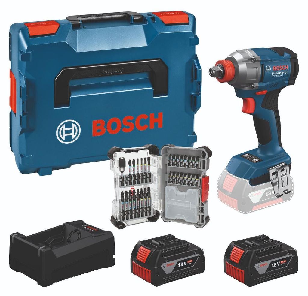 Bosch Professional Bosch Werkzeug-Set: Akku-Drehschlagschrauber GDX 18V-285 + 2x GBA 5 Ah + GAL + 31-tlg. Bit-Set in L-BOXX