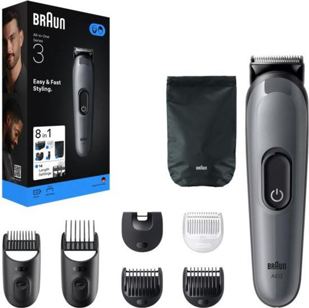 A collage of product packaging and accessories for a Braun Series 3 trimmer.